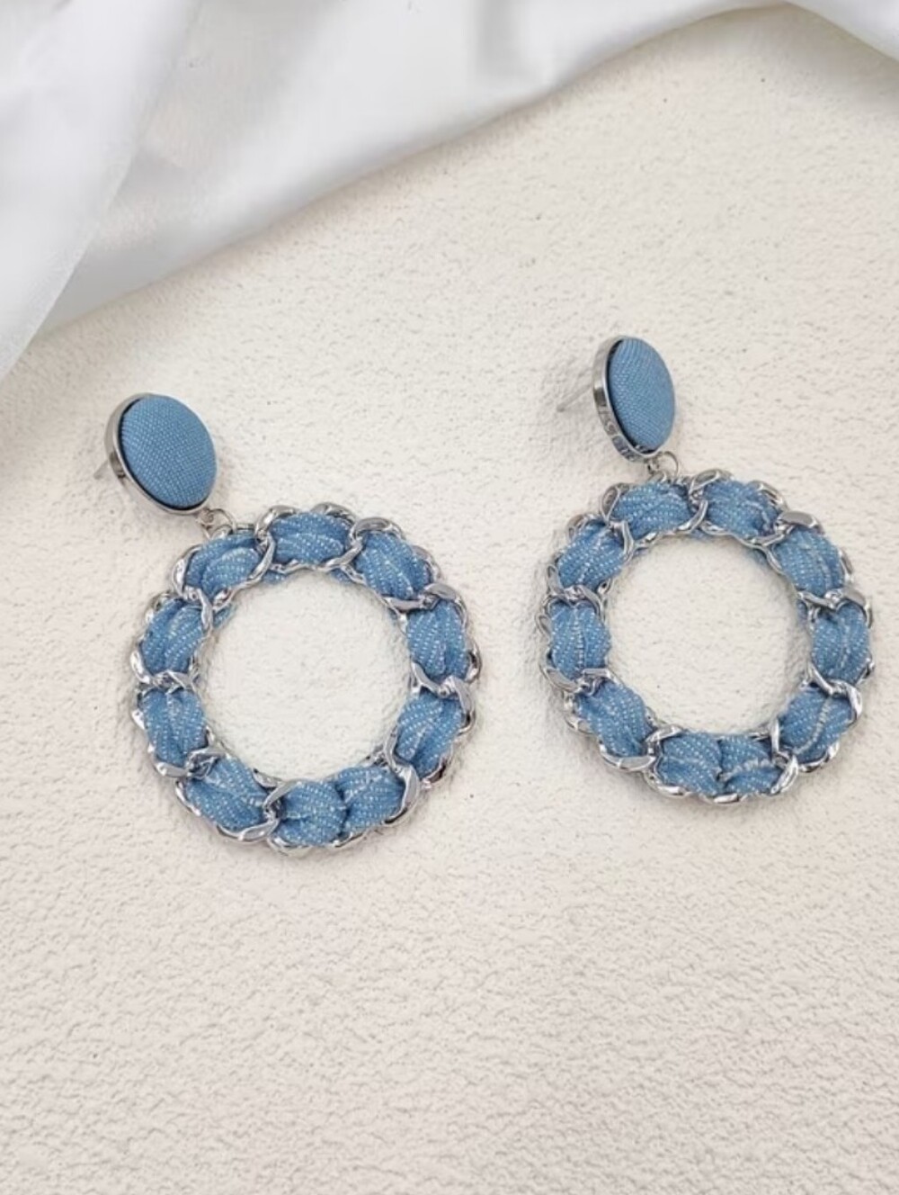 Denim Hoop Dangle Statement Earrings